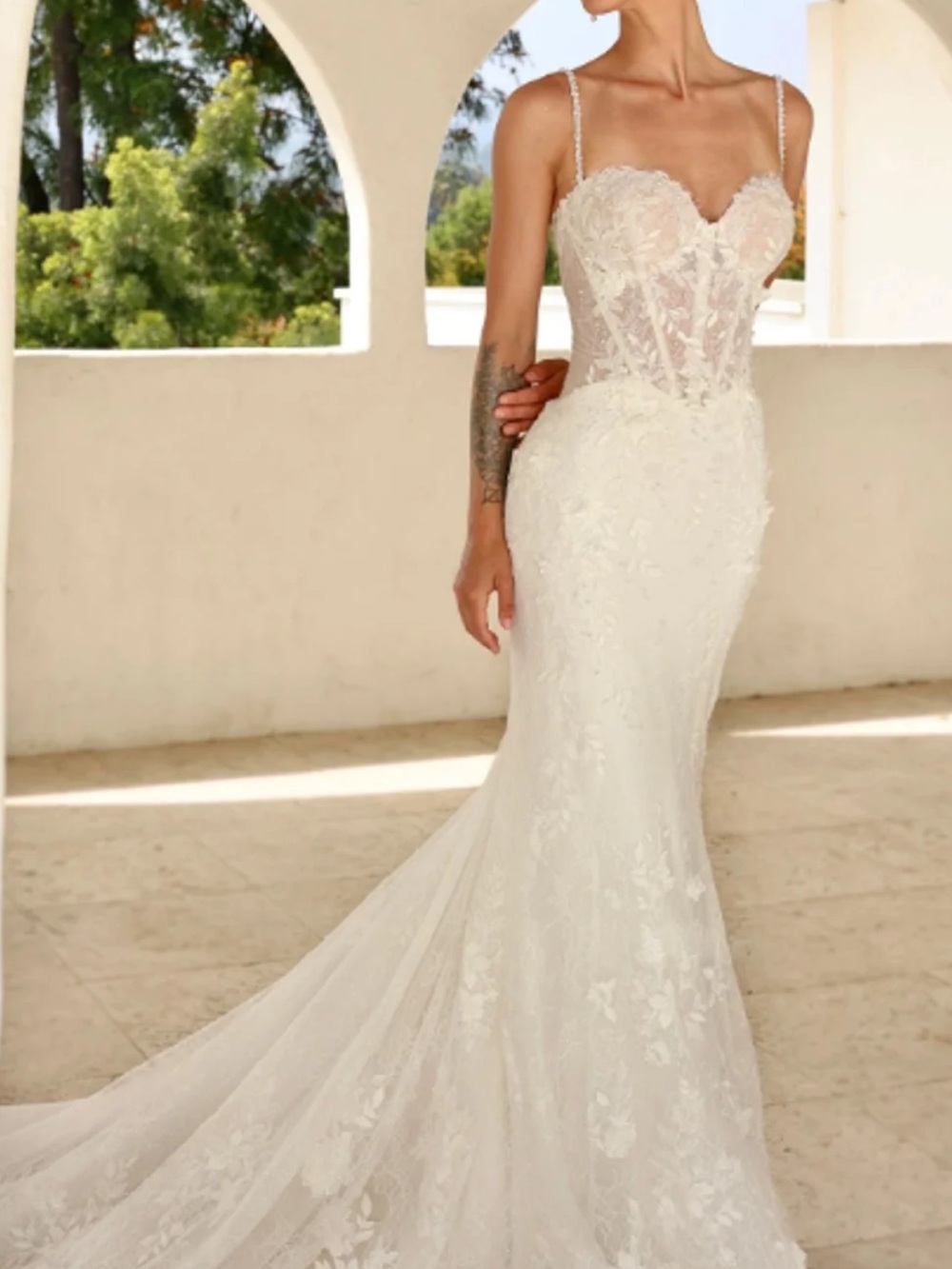 Martina Liana
Pearl-Embellished Lace Fit-and-Flare Wedding Dress With Buttons